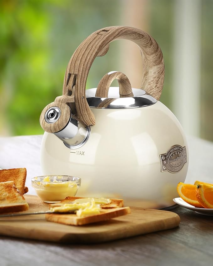 Teapot for Stovetop, 2.1 Quart Stove Top Whistling Tea Kettle, Teapot Kettles with Food Grade Stainless Steel and Wood Pattern Folding Handle