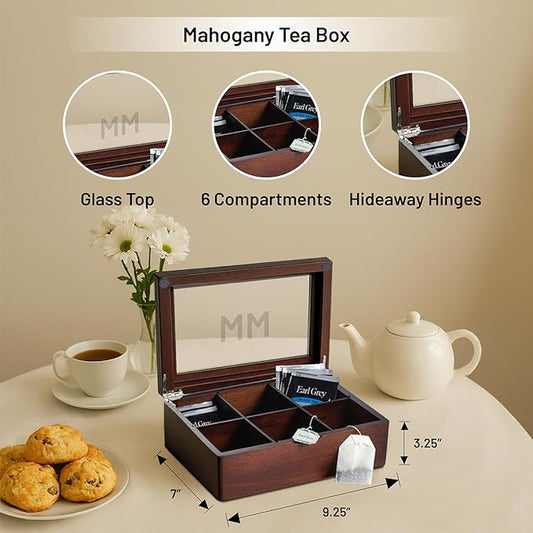 Bey-Berk Custom Engraved Mahogany Tea Storage Chest with Glass Lid – 6-Compartment Box for Tea Bags & Accessories
