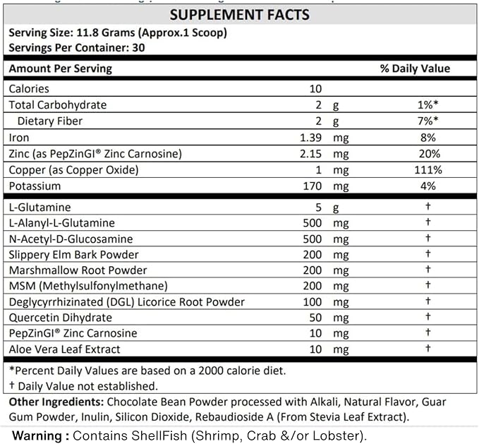 Terra Origin Healthy Gut Chocolate, 30-Servings with L-Glutamine, Zinc, Glucosamine, Slippery Elm Bark, Marshmallow Root and More!