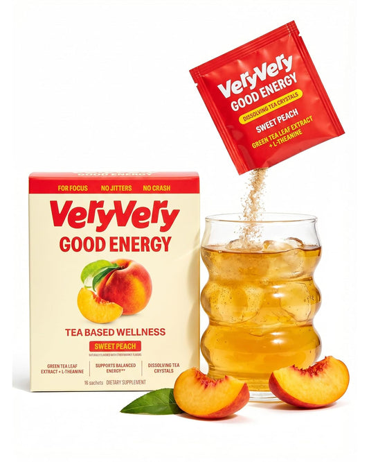 VeryVery Good Tea, Peach Energy With Green Tea Caffeine and L Theanine, Dissolving Crystals for Hot or Cold Drinks, Sugar Free Functional Powder Drink Mix, Vegan, Gluten Free, Non GMO, 16 count
