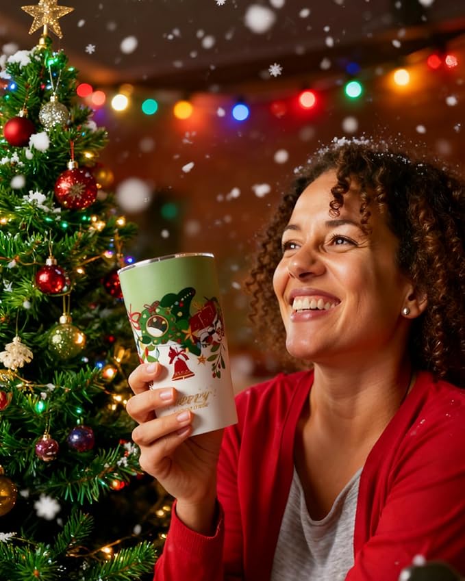 GiNT 17oz Christmas Tea Cup with Infuser and Lid - 4D Gold Foil Pattern (Bells & Holly)