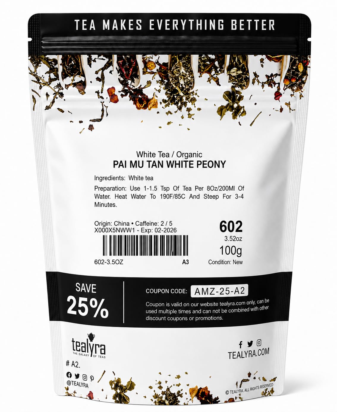 Tealyra | White Peony Bai Mu Tan Loose Leaf White Tea, 100g (3.5 oz)