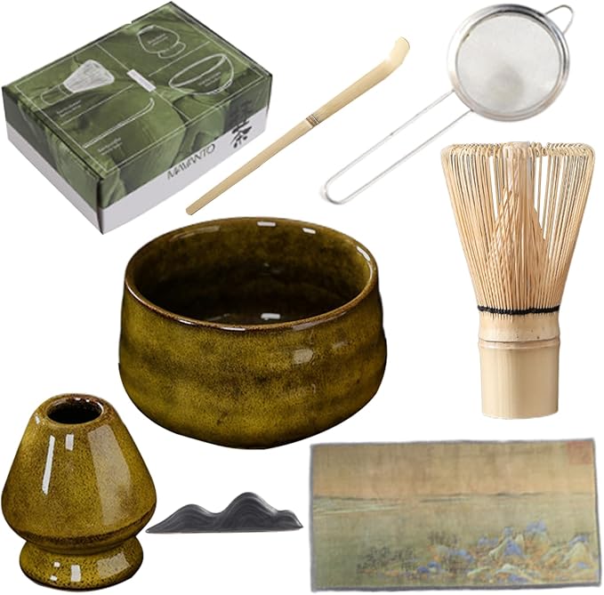 7PCS/Set Matcha Whisk Set Includes Matcha Bowl, Bamboo Whisk, Holder, Sifter, Tea Scoop, Scoop Holder and Tea towel, Japanese Yellow-Green.