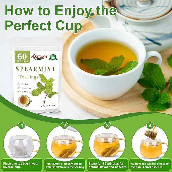 Spearmint Tea Bags 60 Count - 100% Pure Natural Loose Leaf Teabags | Calming Digestive Relief, Fresh Breath, Caffeine Free Herbal Tea Mint