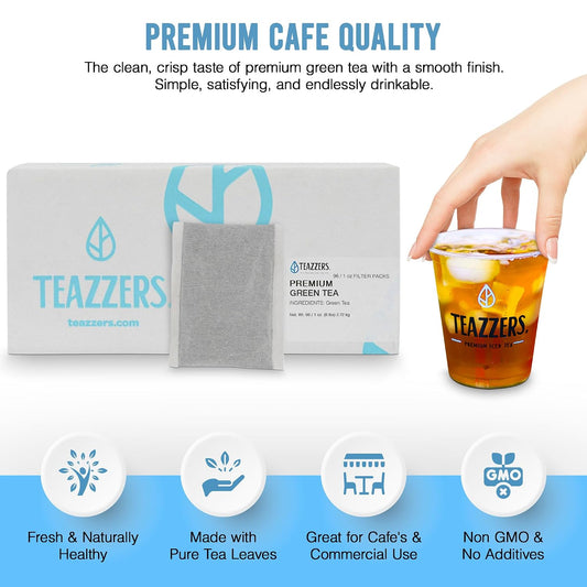 Teazzers Premium All-Natural Green Tea Bags – Great for Foodservice Commercial Ice Tea Brewers | Unsweetened USA-Made Bulk Green Tea for Restaurants, Cafés & Home Brewing (1 Ounce, 96 Count)