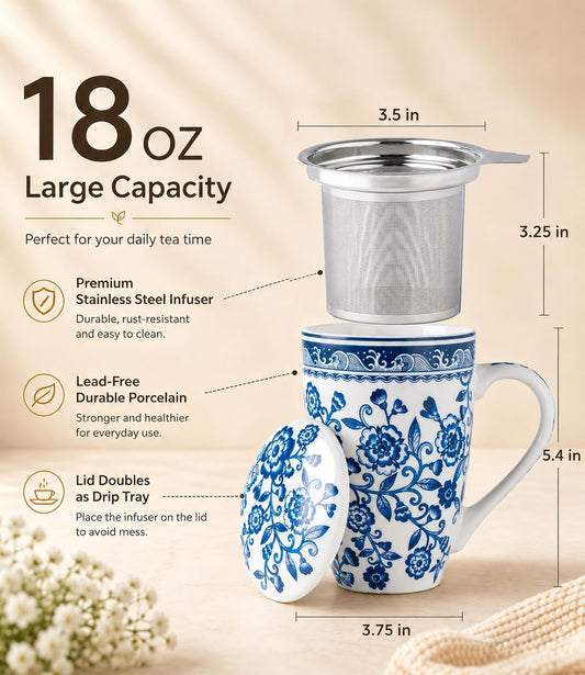 AmorArc Tea Cup With Infuser and Lid, 18oz Loose Leaf Tea Mug With Steeper