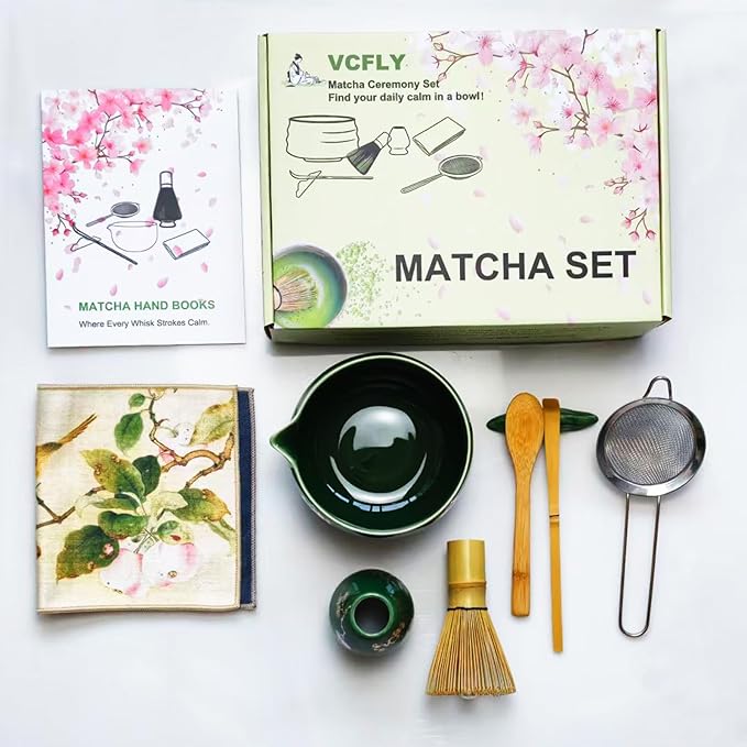 Matcha Whisk Set,8 Pcs Ceramic Matcha Set for Ceremony,Matcha Whisk kit with Bowl,Bamboo Whisk and Holder,Scoop,Sifter