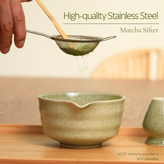 Matcha Whisk Set, Matcha Set, Handcrafted Bamboo Chasen & Ceramic Bowl Matcha Kit, 5 Pcs Matcha Set Whisk and Bowl with Stainless Steel Sifter