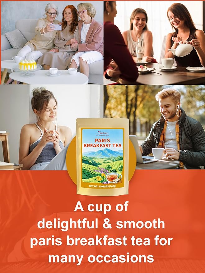 TeeLux Paris Breakfast Tea Bags, Blend Black Tea with Natural Vanilla & Bergamot Flavor, Robust & Smooth Taste, 100 Count