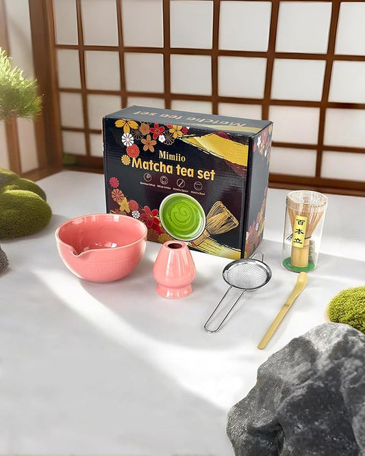 Mimiio Pink Matcha Whisk Set, 5 Pcs - Pink, Ceramic & Bamboo, Japanese Traditional Matcha, Includes Bowl, Whisk, Holder, Sifter, Scoop