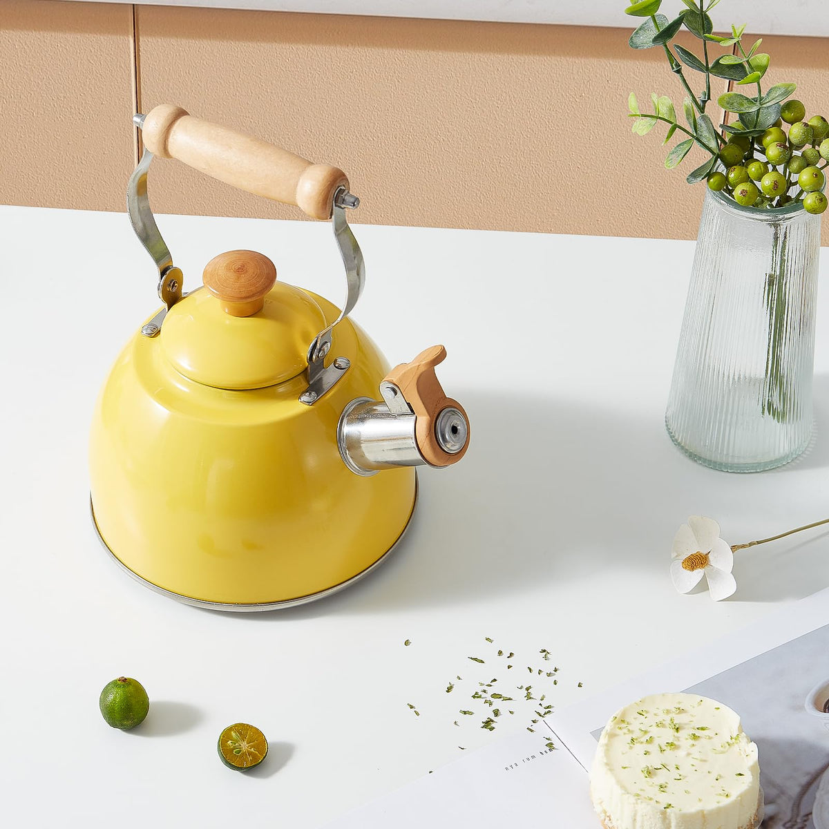 ROCKURWOK Whistling Tea Kettle, Tea Pot All Stovetop Safe, 1.6 Quart Yellow