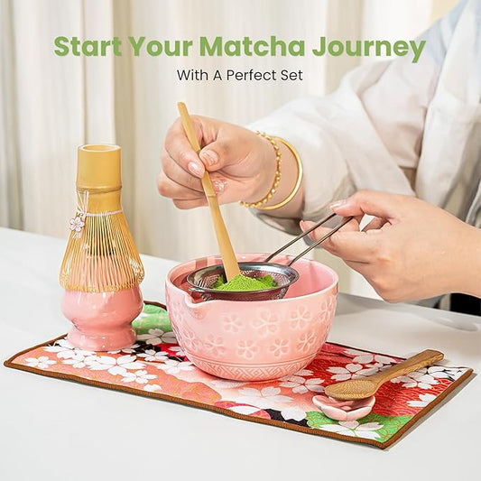 Matcha Whisk Set, Pink Matcha Kit (9 Pcs) Includes Bowl, Whisk, Holder, Scoop, Sifter, Spoon, Rest, Mat, Book