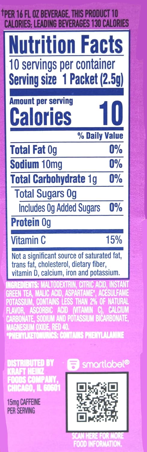 Crystal Light On-The-Go Drink Mix, Natural Flavor Powdered Beverage Mix, Made with Green Tea, No Artificial Flavors, 5 Calories Per Packet, Raspberry Green Tea, 0.09 Ounce Packets, 10 Count (Pack of 6)