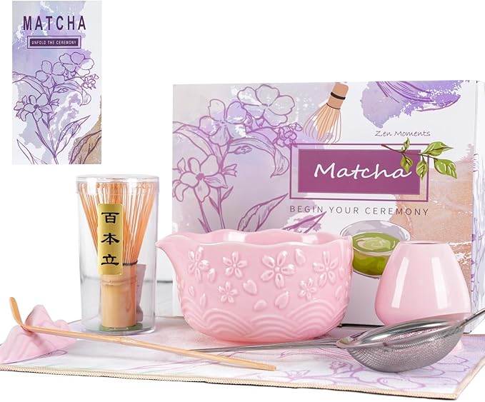Matcha Whisk Set, Matcha Set 7 Pcs, Ceramic Matcha Bowl with Spout, Bamboo Chasen Whisk & Holder, Sc