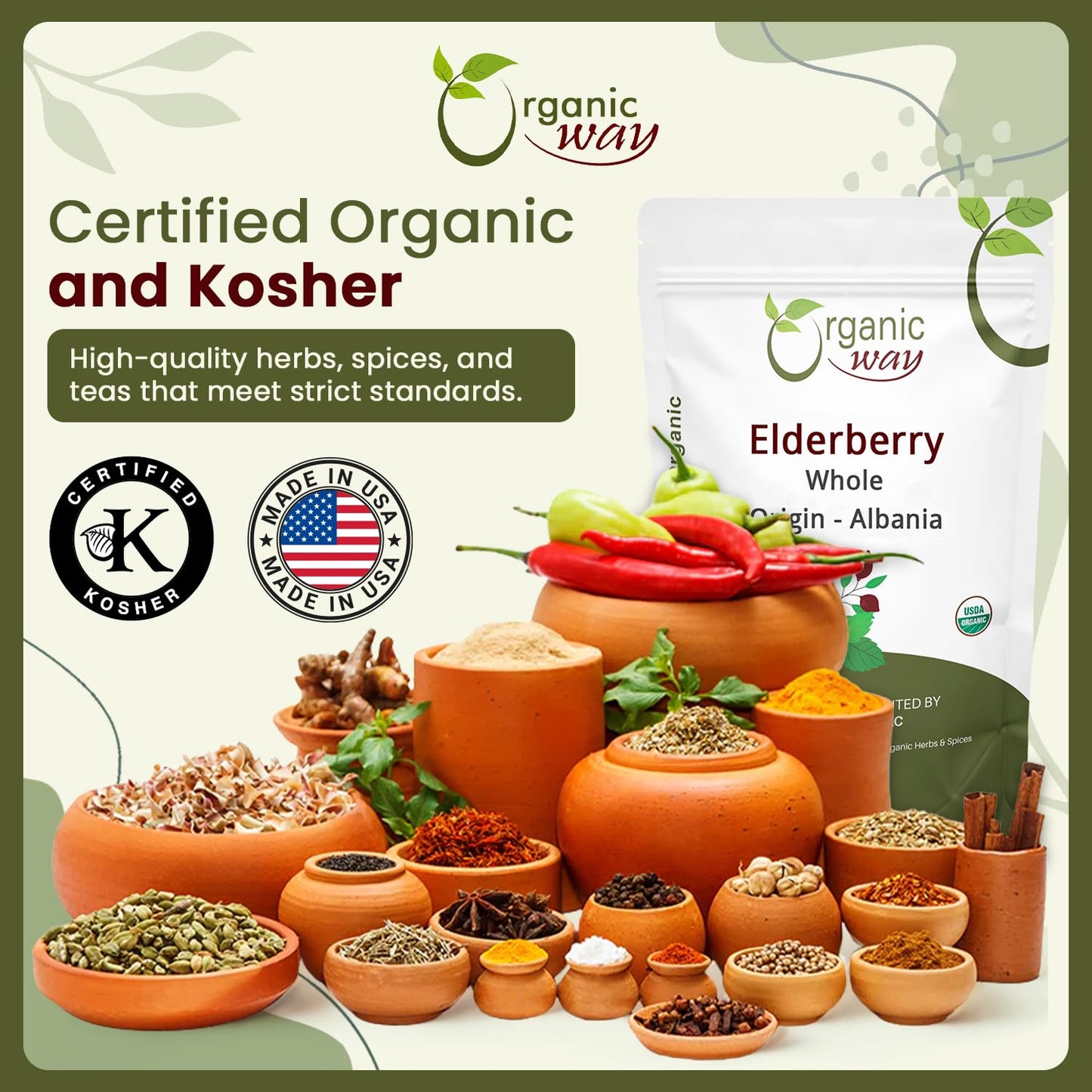 Organic Way Dried Elderberry Whole - Herbal Tea | European Wild-Harvest | Kosher & USDA Certified | Non-GMO & Gluten Free | Tested for Purity | 100% Raw from Albania (1/4LBS / 4Oz)