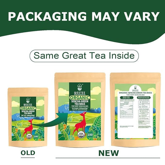 WT WEETEE Organic Sencha Green Tea Bags, Organic Steamed Green Tea 100 Count, Natural Caffeine & Antioxidant, Good for Hot Iced Cold