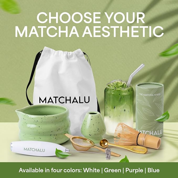 Matcha Whisk Set With Ceramic Matcha Bowl, Bamboo Whisk & Holder, Stainless Steel Spoon & Sifter, Glass Cup & Straw, Electric Frother, Storage Bag - Gift for Matcha Lovers (Premium 9-Piece Set Green)