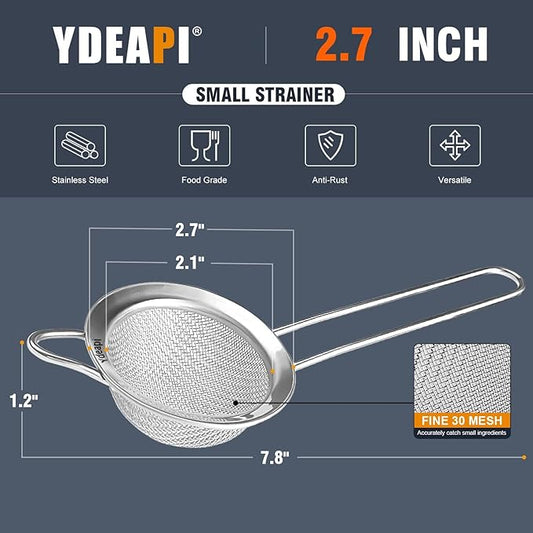 Fine Mesh Small Strainer 2.7 Inch, Metal Mini Sieve with Sturdy Handle, Stainless Steel Strainer for Tea, Juice, Coffee, Matcha Powder, Cocktail, Powdered Sugar