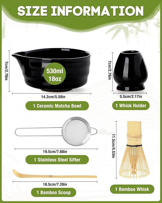 Black Matcha Whisk Set - 5PCS Matcha Set Includes 17OZ Chawan with Spout, Bamboo Chasen Whisk with Ceramic Holder, Wooden Scoop and Stainless Sifter, Matcha Kit for Ceremony, Gift for Matcha Lovers