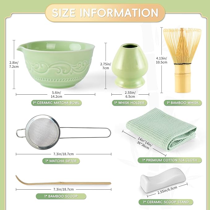 7-Pcs Matcha Whisk Set, Matcha Kit Set Includes Bowl With Spout, 100% Natural Bamboo Whisk, Japanese Ceremony Matcha Tea Making Tools - Ideal Gift Christmas, Birthday(Lucky Green)
