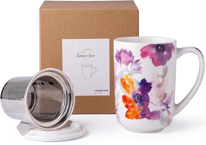 AmorArc Porcelain Tea Mug with Infuser and Lids, 18 Oz Large Cup Strainer with Bag Holder for Loose Leaf Tea