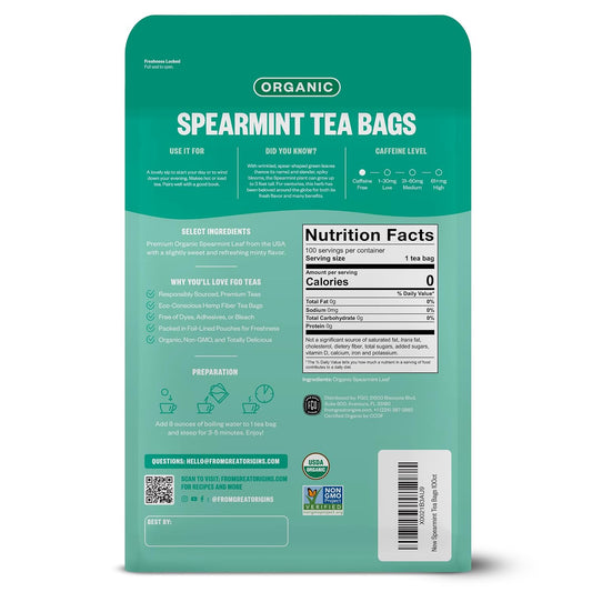 FGO Organic Spearmint Leaf Tea, 100 Count, Eco-Conscious Tea Bags, Caffeine Free, Resealable Bag, Packaging May Vary (Pack of 1)