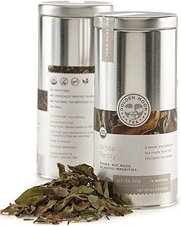 Golden Moon Tea Organic White Peony Tea - Chinese Bai Mudan Leaves - Loose Leaf, Non-GMO - Travel Tin (9 Servings)