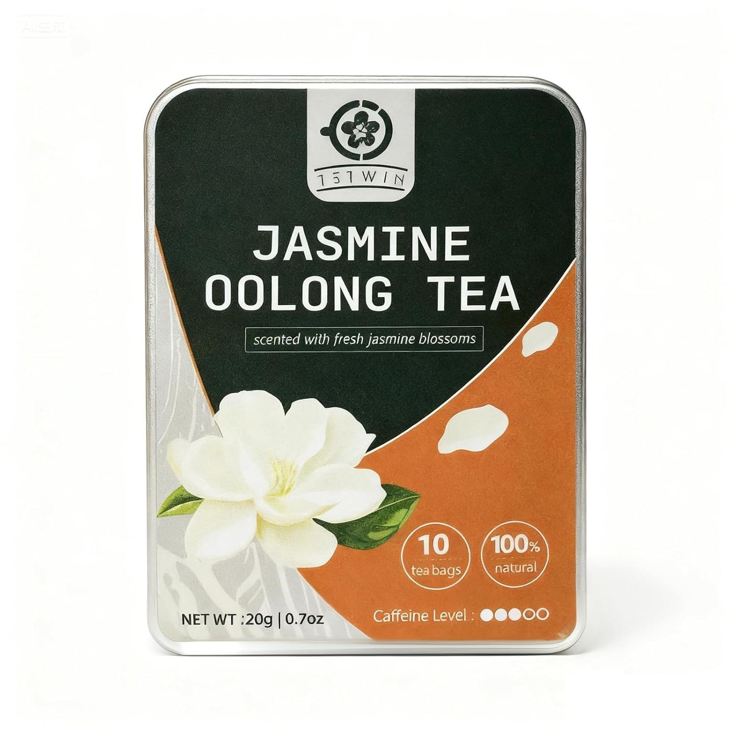 Jasmine Oolong Tea Loose Leaf, 10ct Teabags, Tie Guan Yin with 3-Round Jasmine Scenting, Plant-based tea bag, Resuable Pocket Tin
