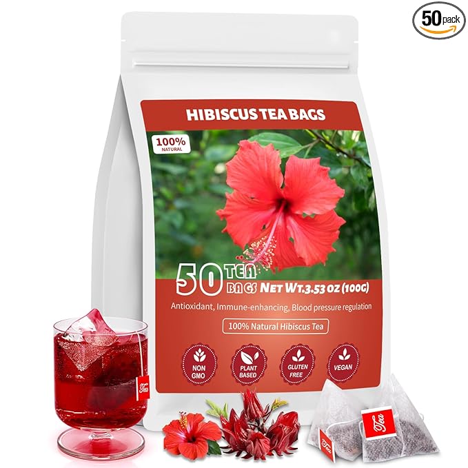 Hibiscus Tea Bags, 100% Natural Hibiscus Flowers Herbal High Blood Pressure Tea Bags, No Sugar/Glute