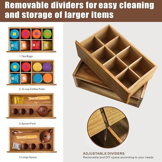 Idefair Acacia Wood Tea Box Organizer Storage Box with 5 Wooden Coasters, Tea Bags Organizer Chest Storage with Drawer, Tea Bag Box for Coffee Teabgs Countertop Display