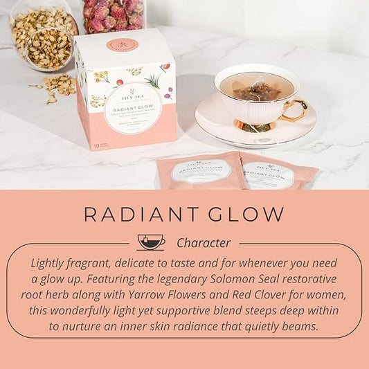 Tily Tea Radiant Glow Herbal Tea - Natural Tea to Support Skin Nourishment - Solomon Seal for A Glowing Complexion - Caffeine Free - 10 Plastic-Free Tea Bags