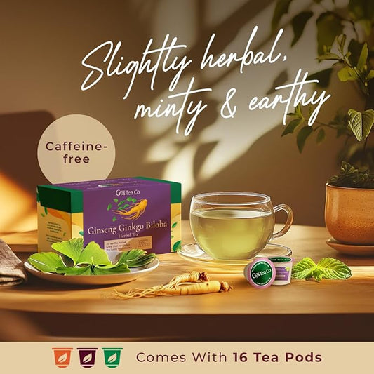 Gya Tea Co Ginseng Ginkgo Biloba Herbal Tea Pod (16 Count)- Decaf Wellness Tea for Body Comfort & Relaxing