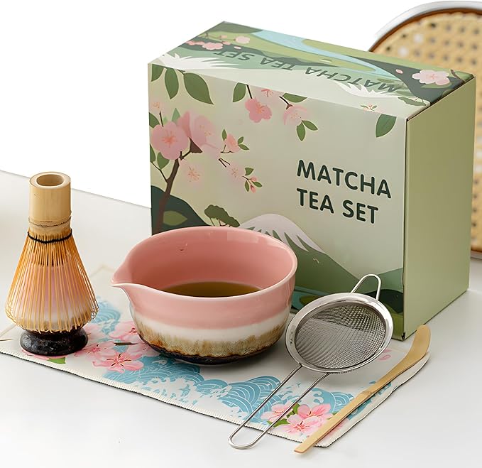 Pink Matcha Whisk Set, Ceramic & Bamboo Matcha Kit with Bowl, Whisk, Holder, Scoop, Sifter, Tea Towel Mat.Give gifts to family and friends