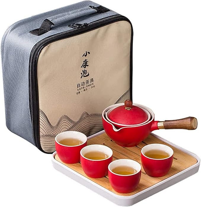 Youngky Porcelain Chinese Ceramic Gongfu Tea Set,Portable Travel Tea Set with 360 Rotation Tea maker and Infuser, All in One Gift Bag for Travel,Home,Gifting,and Office (Red)