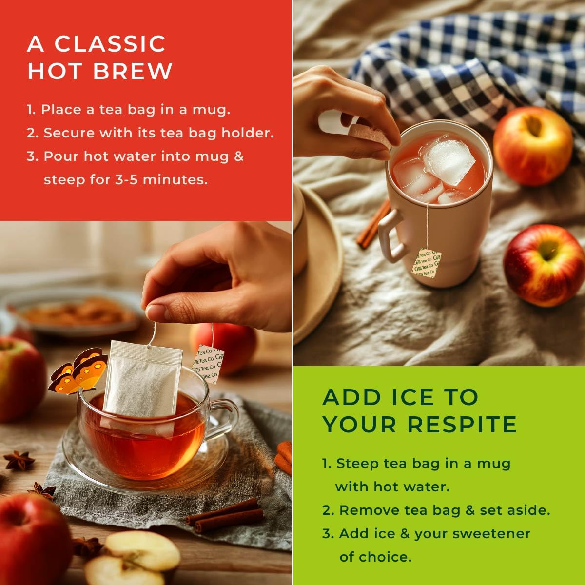 Apple Cinnamon Tea Bags 20 Count - 100% Natural Caffeine Free Herbal Tea | Cinnamon, Apple & Hibiscus Blend, Hot or Iced, No Artificial Ingredients, Spiced Warming & Cozy Fall Flavor