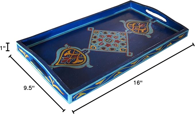Handmade Moroccan Wood Tray Serving Painted Decorative with Handle for Tea Coffee Breakfast in Bed