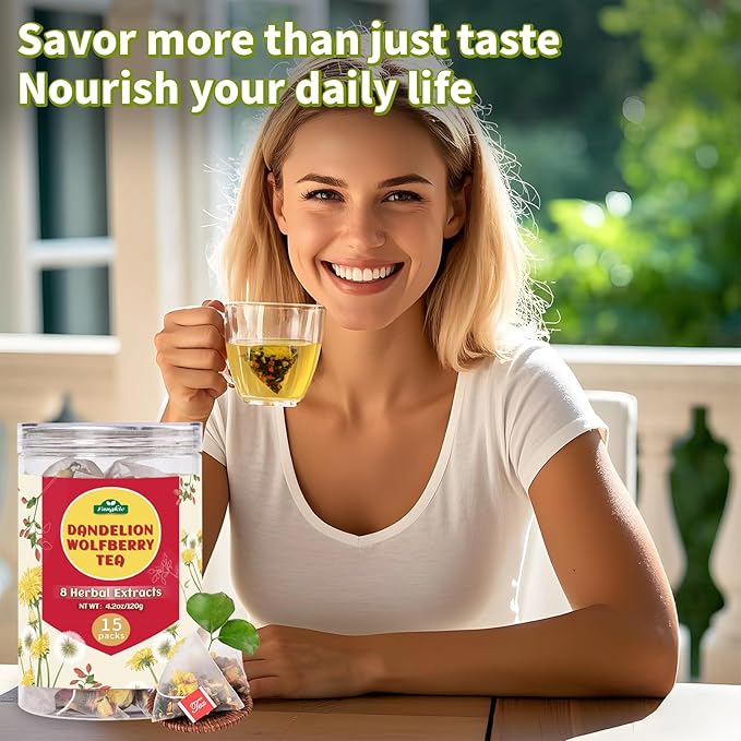 Fangkic 15 Packs Dandelion Root Wolfberry Tea, 8 Herbal Tea Bags Blend of Dandelion, Goji Berry, Jujube Dates, Rose, Licorice, Chrysanthemum