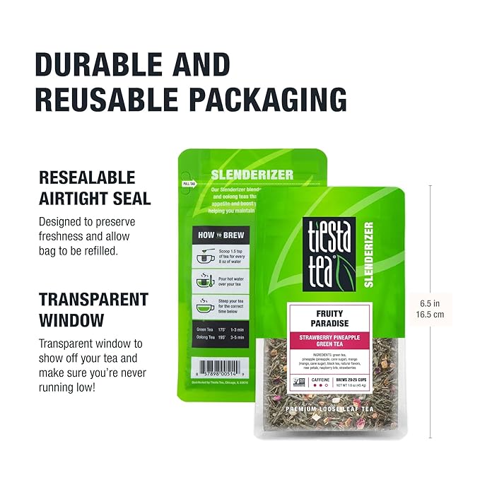 Tiesta Tea - Fruity Paradise, Strawberry Pineapple Green Tea, Premium Loose Leaf Blend, Tropical Fruit Flavor, Medium Caffeine, Hot or Iced, 20-25 Cups, 1.6oz Resealable Pouch