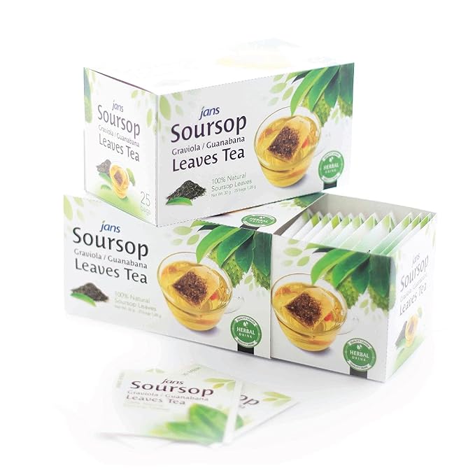 Soursop Tea (75 Tea Bags, Box of 3 x 25 each) by Jans | 100% All Natural Graviola/Guanabana Leaves Cholesterol-Free, Sugar-Free, Sodium-Free | Best Served Warm | Gental Herbal Aroma