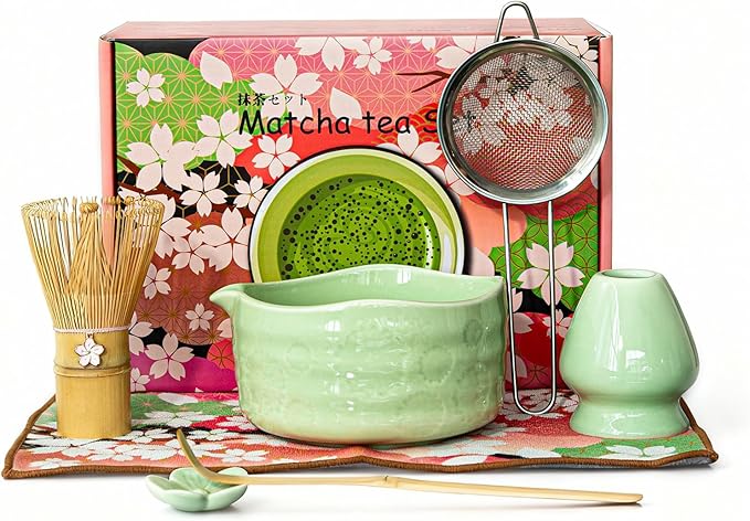Matcha Whisk Set––7pcs Japanese Matcha Set Kit with Matcha Bowl, Bamboo Whisk, Whisk Holder, Scoop,