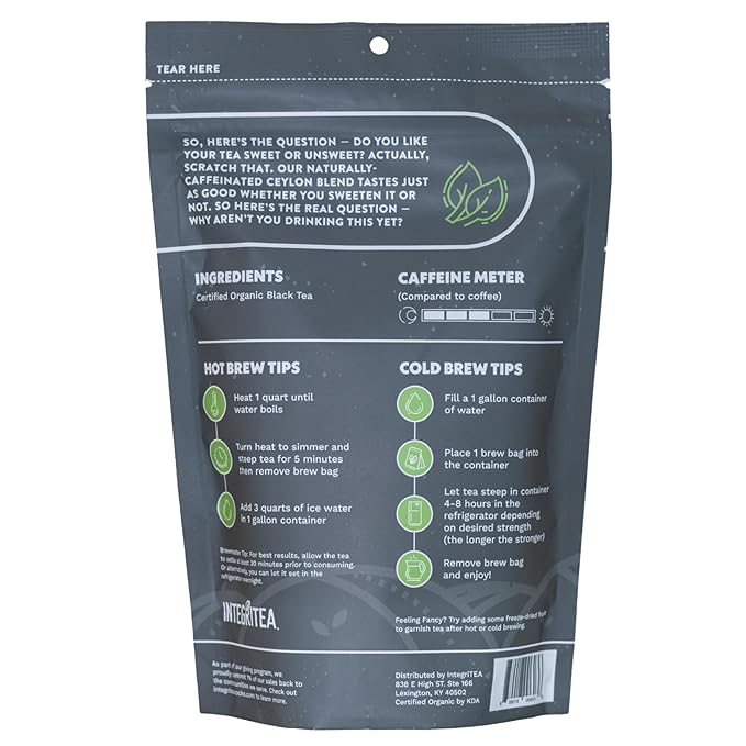 IntegriTEA Ceylon Black Cold Brew Black Tea Bags - 6-Bag Unsweetened Iced Tea Pack for 6 Gallons of Tea - Cold or Hot Brew Organic Iced Black Tea Bags