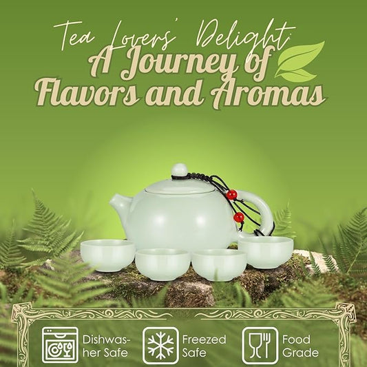 Flexzion Chinese Japanese Vintage Kungfu Gongfu Tea Set Portable Travel Teapot, (Jade Green Celadon/Greenware) Porcelain Ceramic Tea Pot, 4 Tea Cup