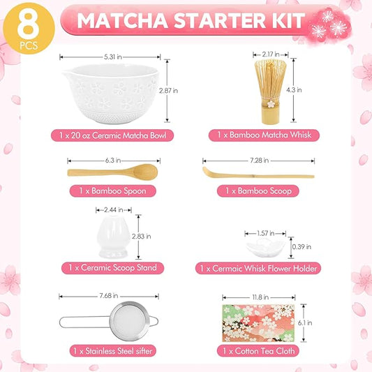 8 PCS Matcha Whisk Set, Japanese Tea Set includes Matcha Bowl Tea Making Tools Ceramic Bowl with Bamboo Whisk Matcha Kit Ceremony Gift for Matcha Lovers