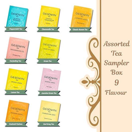 Goodwyn Assorted Tea Sampler Box – 90 Individually Wrapped Tea Bags, Premium Herbal Black and Green Tea Collection in Reusable Wooden Chest, 9 Flavors Peppermint Chamomile Assam Darjeeling Lemon Green Tea Kahwa Jasmine Earl Grey, Gift Set Box