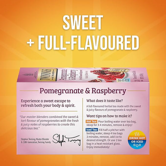 Twinings Pomegranate & Raspberry Herbal Tea Individually Wrapped Bags, 20 Count (Pack of 1), Naturally Caffeine-Free, Enjoy Hot or Iced, 20 Teabags