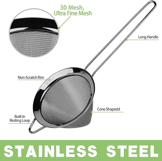 2 Pack Stainless Steel Small Food Strainer, Fine Mesh Sieve with Long Handle, Cocktail Strainer For Cocktails, Tea Herbs, Coffee & Drinks, Rust Proof & Great as Tea Strainer, 3.5inch