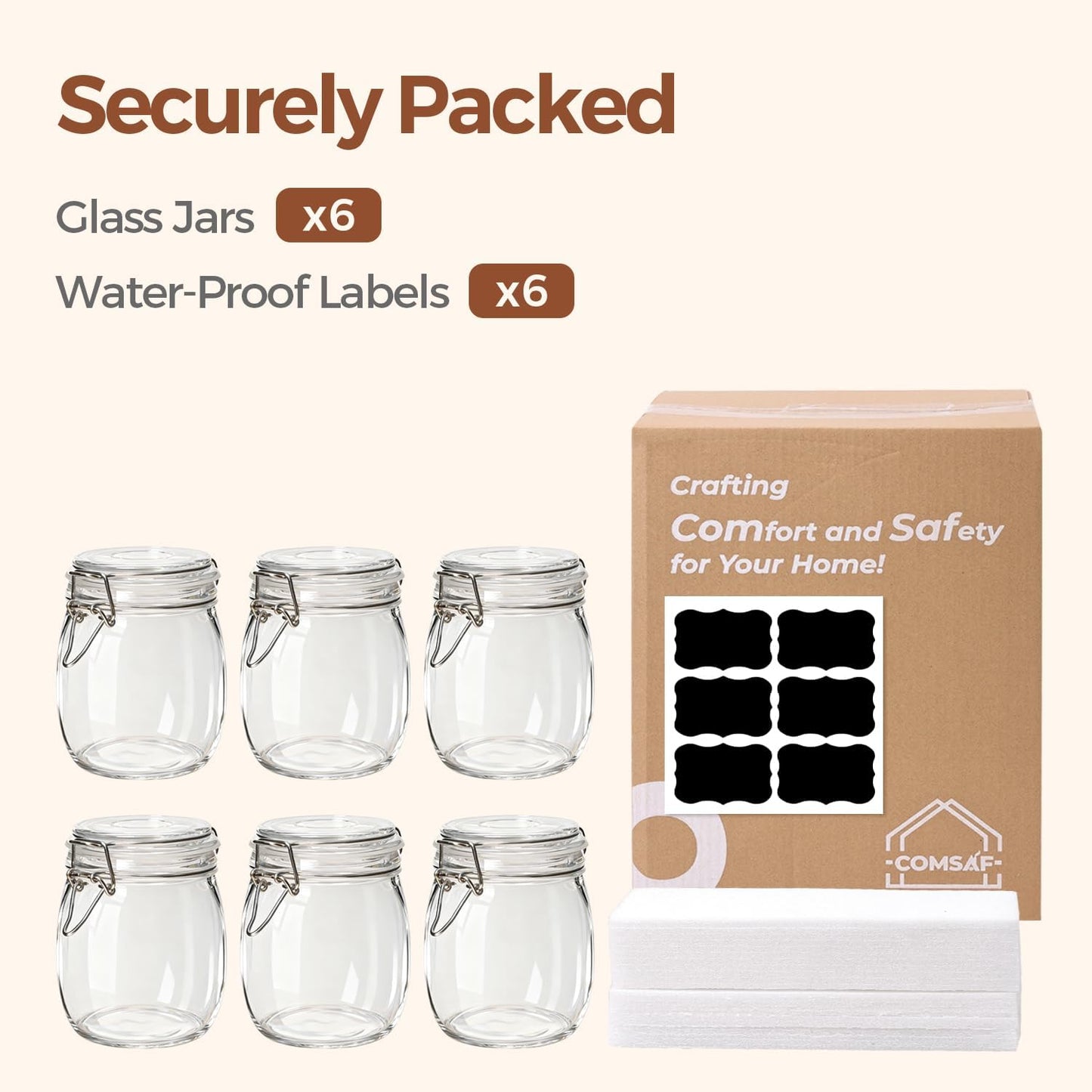 ComSaf Glass Mason Jars with Airtight Lids 25oz 6 Pack Pickling Pantry | BPA-free food-grade glass, wire clamp seal, vegetable Canning, wide mouth, jam & beans, chia pudding & oats, salad