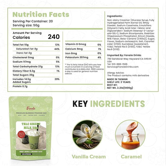 Fanale Premium Thai Green Bubble Tea Flavoring Powder for Boba Tea| Perfect for Baking, Smoothies, Desserts and Drinks | Instant Boba Bubble Tea Powder for Milk Tea - 2.2 Pounds (Pack of 20)