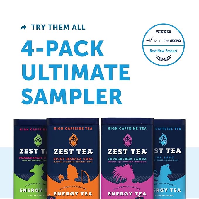 Zest Energy Tea Bags – Blue Lady Passion Fruit Black Tea – High Caffeine Tea for Morning Energy, Focus & Clarity – Natural Caffeinated Tea with 150mg Caffeine – 15Ct Box – Non-GMO & Keto Friendly