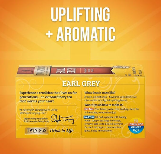 Twinings Earl Grey Black Tea Individually Wrapped Bags, 25 Count (Pack of 6), Flavoured with Citrus and Bergamot, Caffeinated, Enjoy Hot or Iced, 150 Teabags